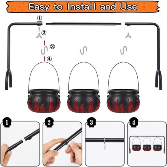 Cauldron Halloween Decor, 3 Witches Cauldron with Black Decor Iron Rack - Picture 2 of 7